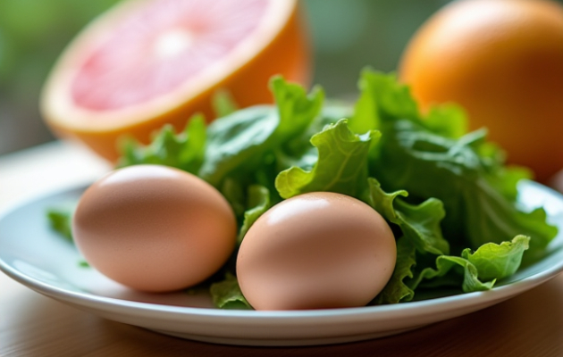 2 сваренных яйца, листовой салат или сельдерей, грейпфрут