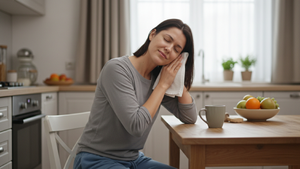 Девушка держит полотенце рядом с ухом