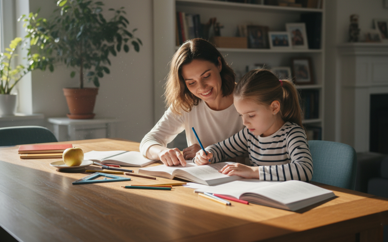 Мама делает уроки с дочкой