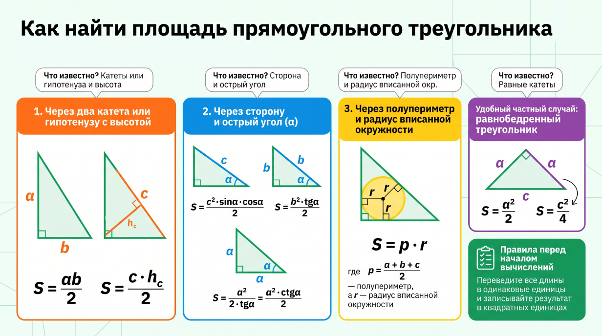 Площадь прямоугольного треугольника инфо