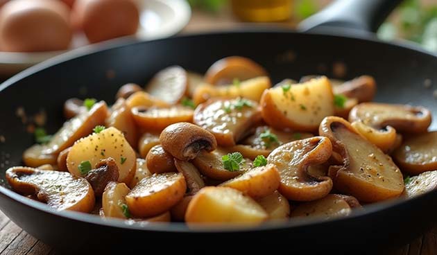 Вешенки с луком и картошкой на сковороде