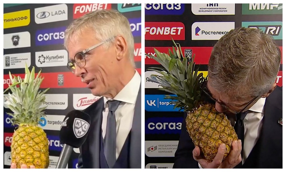 Игорь Ларионов подарил ананас лидеру своего «Торпедо» Василию Атанасову. Фото: Соцсети ХК «Торпедо» НН